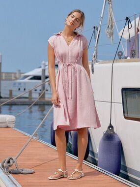 OGL Viscose-Linen Collared V-neck Midi Dress w/ Drawstring NWT XS MSRP $119